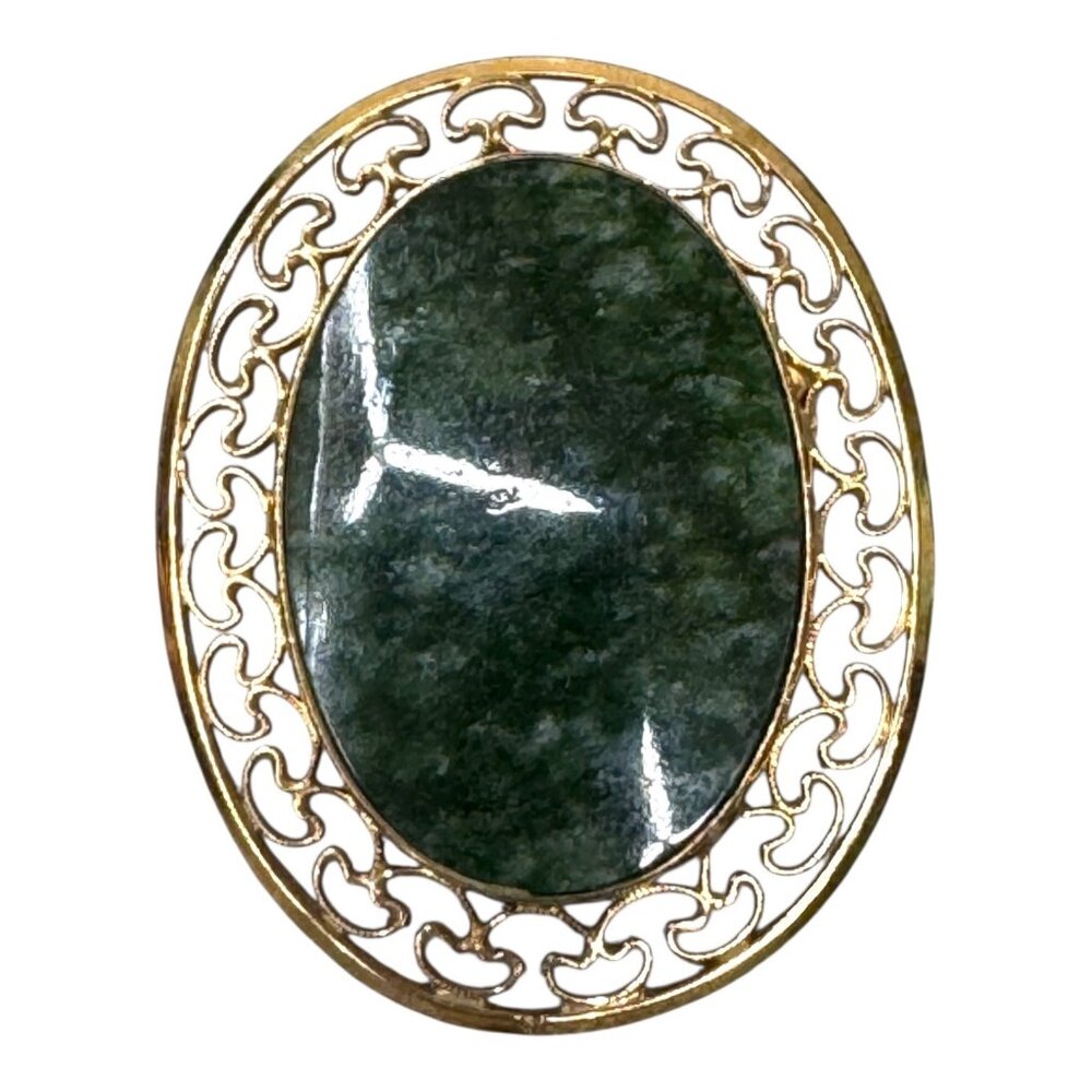 Vintage Carla Green Nephrite Jade Filigree Brooch 1/20 12K GF Open Lacework